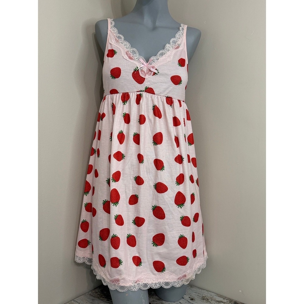 AVIDLOVE Strawberry Print Nightgown Slip Dress Pink White Size M - Picture 3 of 8